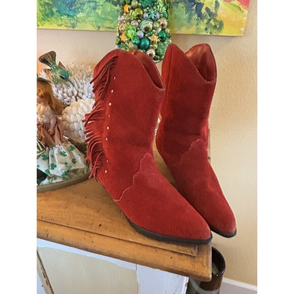 Arizona Jean Company Red Suede Leather Western Cowboy Pointed Toe Boots 7M - Picture 2 of 14